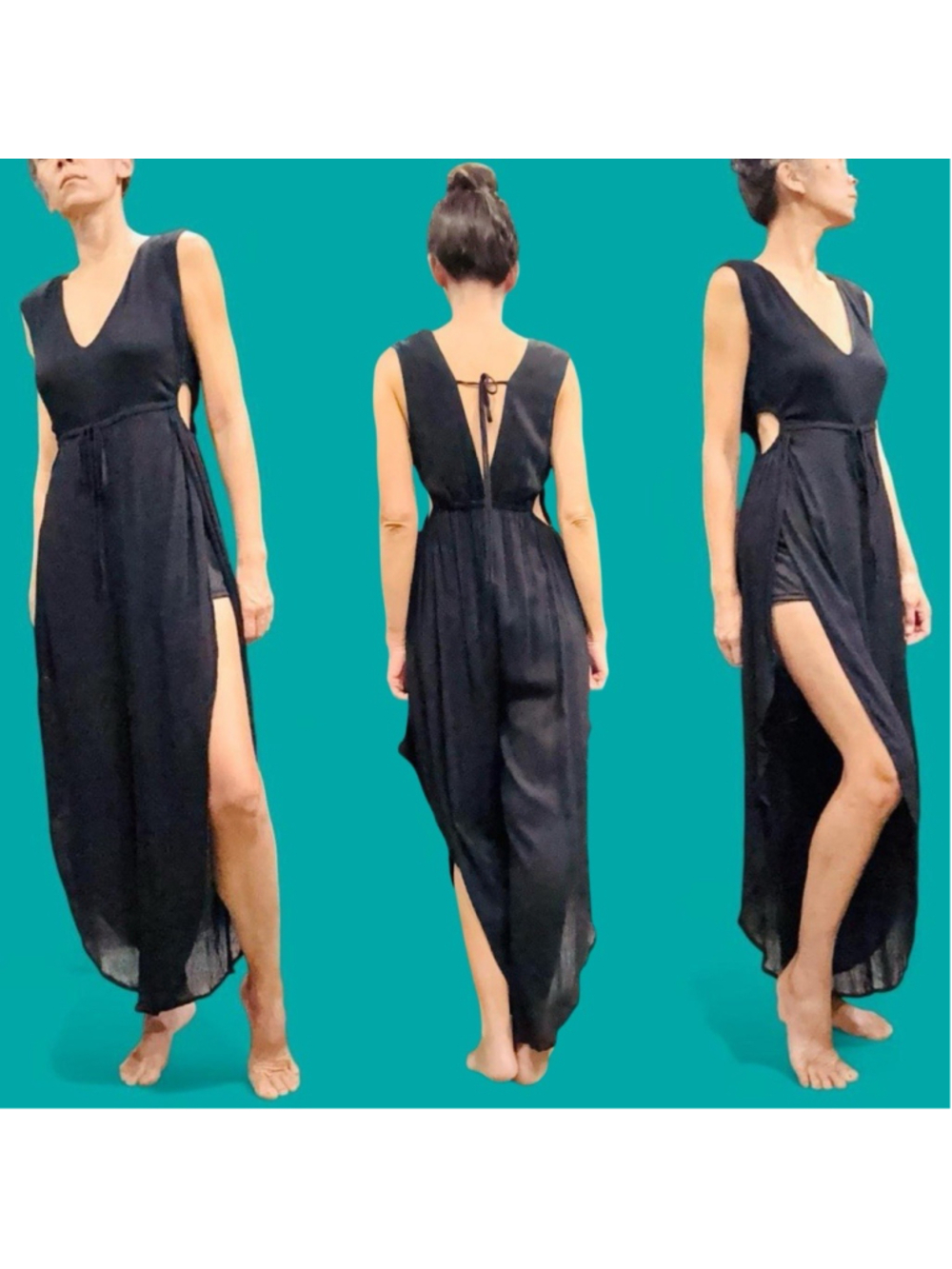 HYFVE Black Cutout Wide Leg Jumpsuit Small Tie Waist Side Slit Open Back NWOT